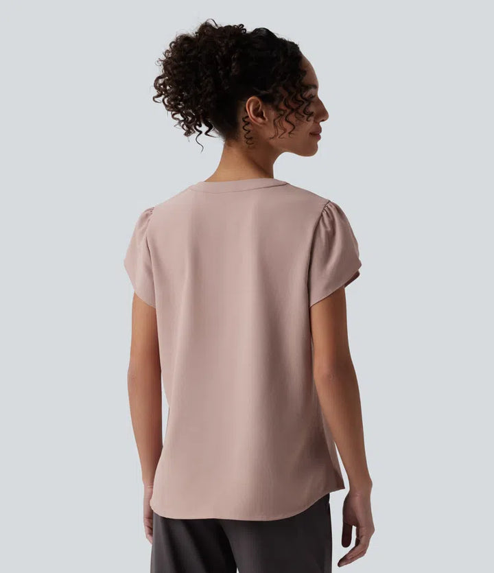 V-neck Petal Short Sleeve Work Blouse