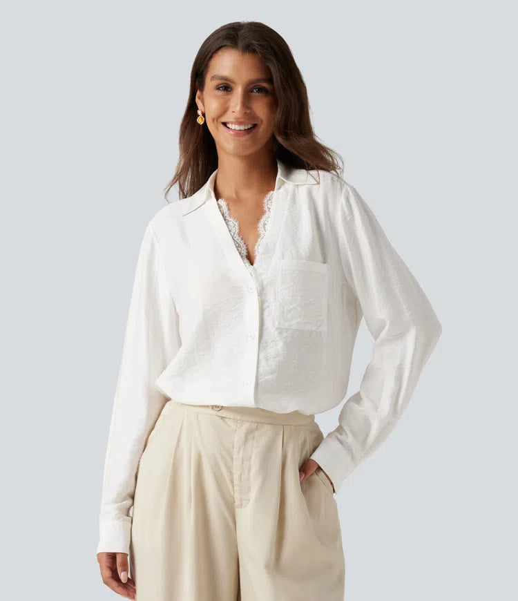 V Neck Contrast Lace Long Sleeve Work Shirt with Pocket