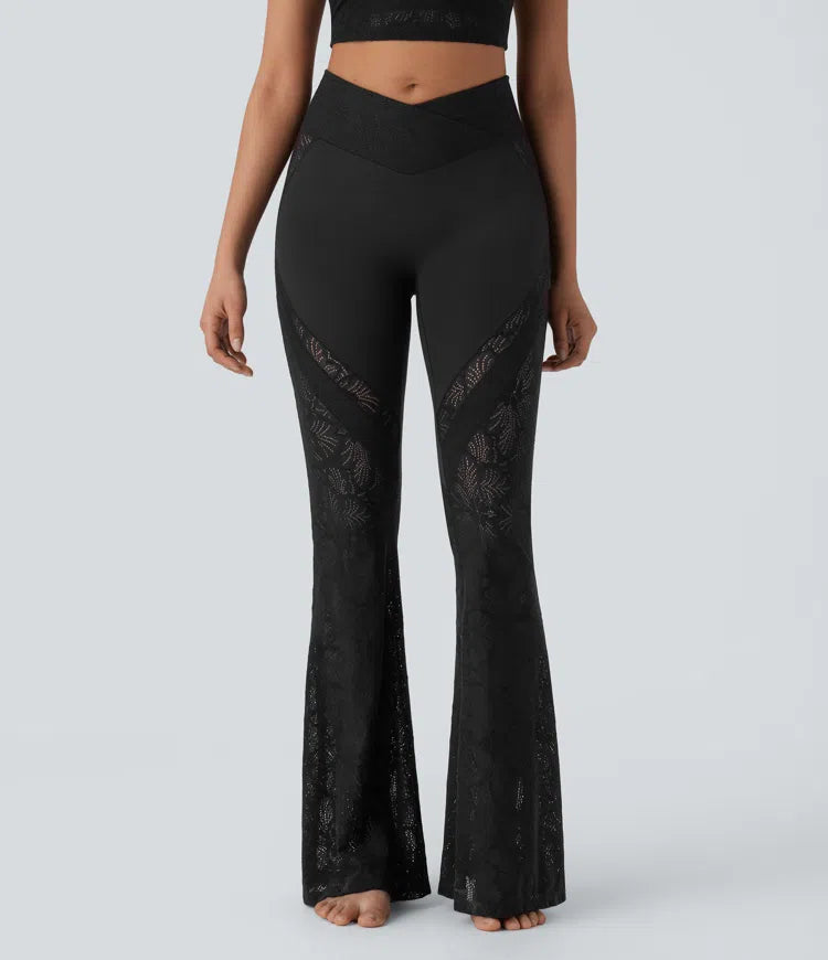 SoftlyZero High Waisted Crossover Pocket Contrast Lace Flare Yoga Leggings