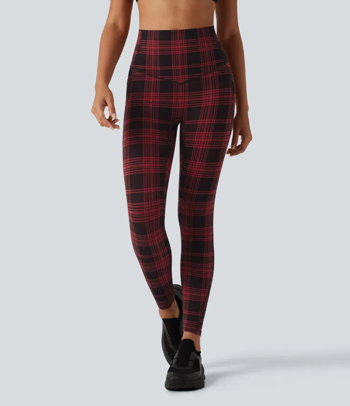 Halara UltraSculpt Plaid Print High Waisted Tummy Control Running Leggings with Pockets