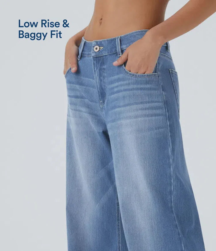 Halara Flex Low Rise Zipper Pockets Washed Baggy Wide Leg Casual Jeans