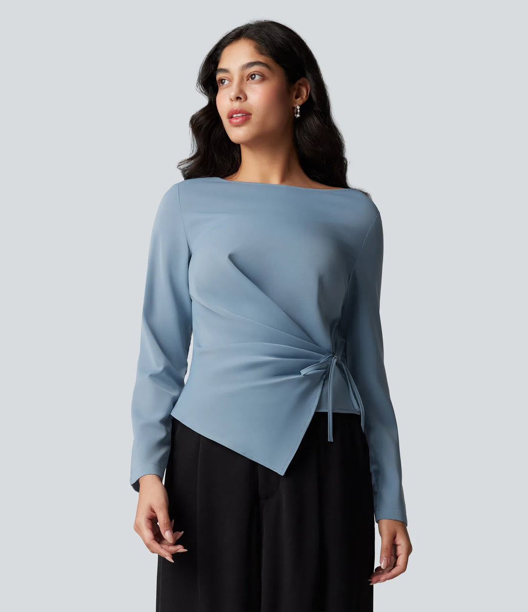 Wrinkle Recovery Boat Neck Long Sleeve Ruched Tie Work Blouse