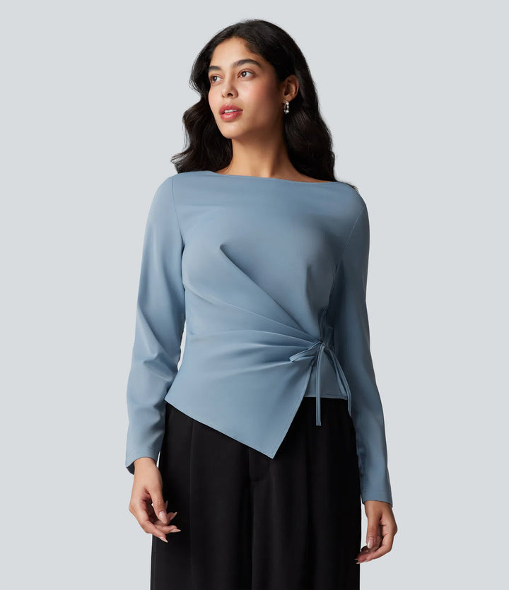 Wrinkle Recovery Boat Neck Long Sleeve Ruched Tie Work Blouse