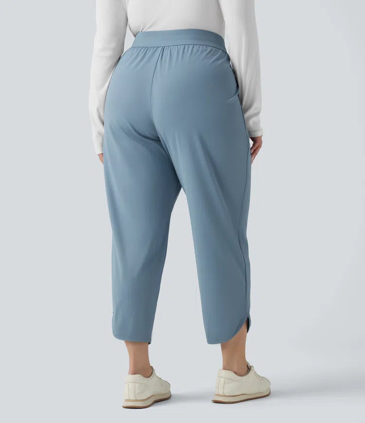 Plus Size Mid Rise Drawstring Curved Hem Quick Dry Golf Tapered Pants with Pockets-UPF40+