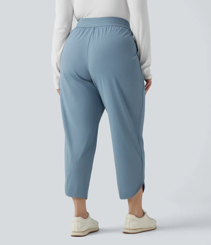 Plus Size Mid Rise Drawstring Curved Hem Quick Dry Golf Tapered Pants with Pockets-UPF40+