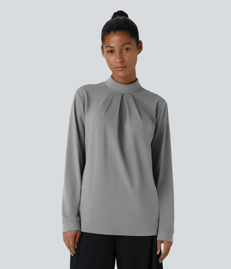 Stand Collar Back Long Sleeve Work Blouse