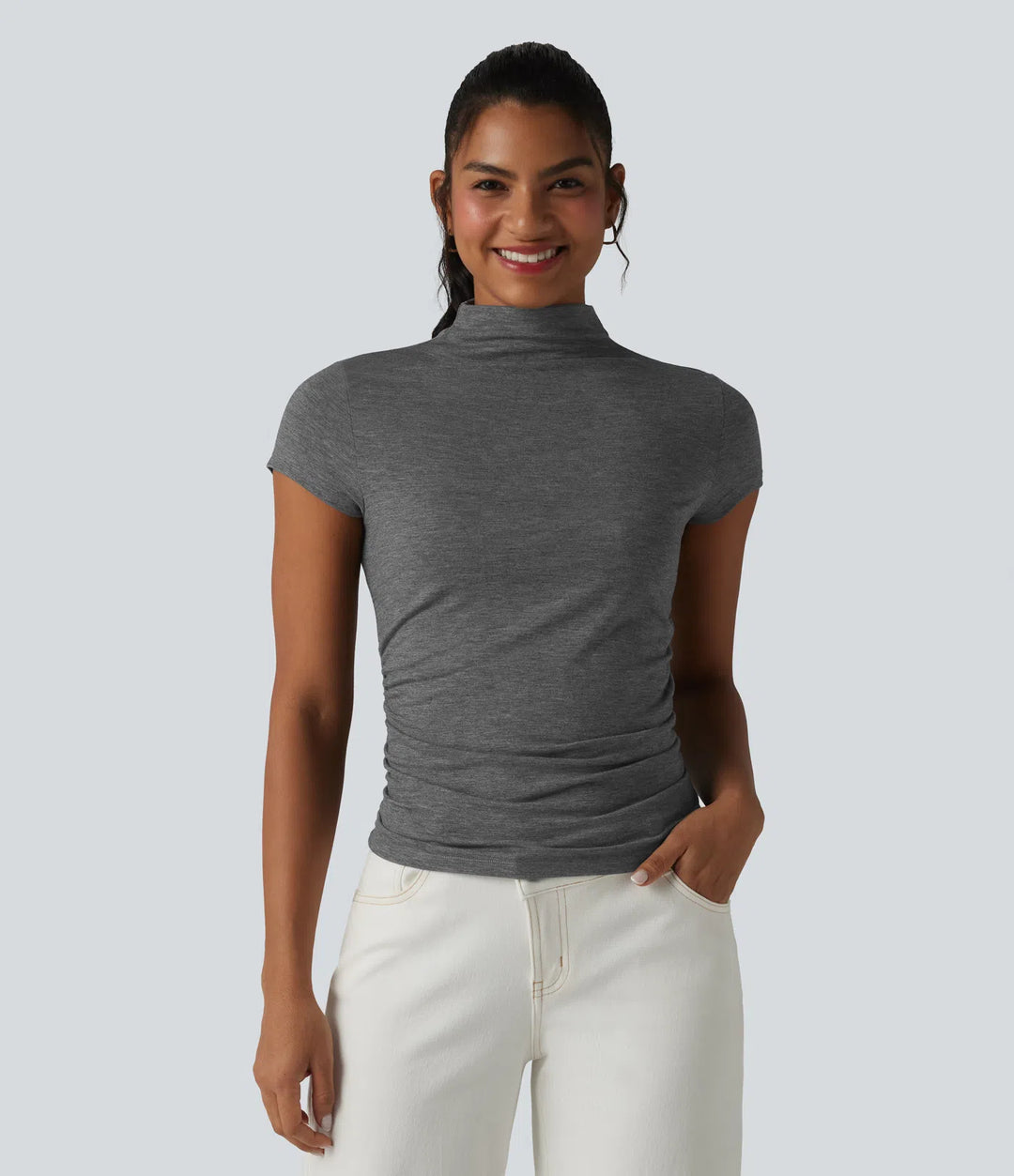 Mock-neck Short Sleeve Ruched Casual T-Shirt