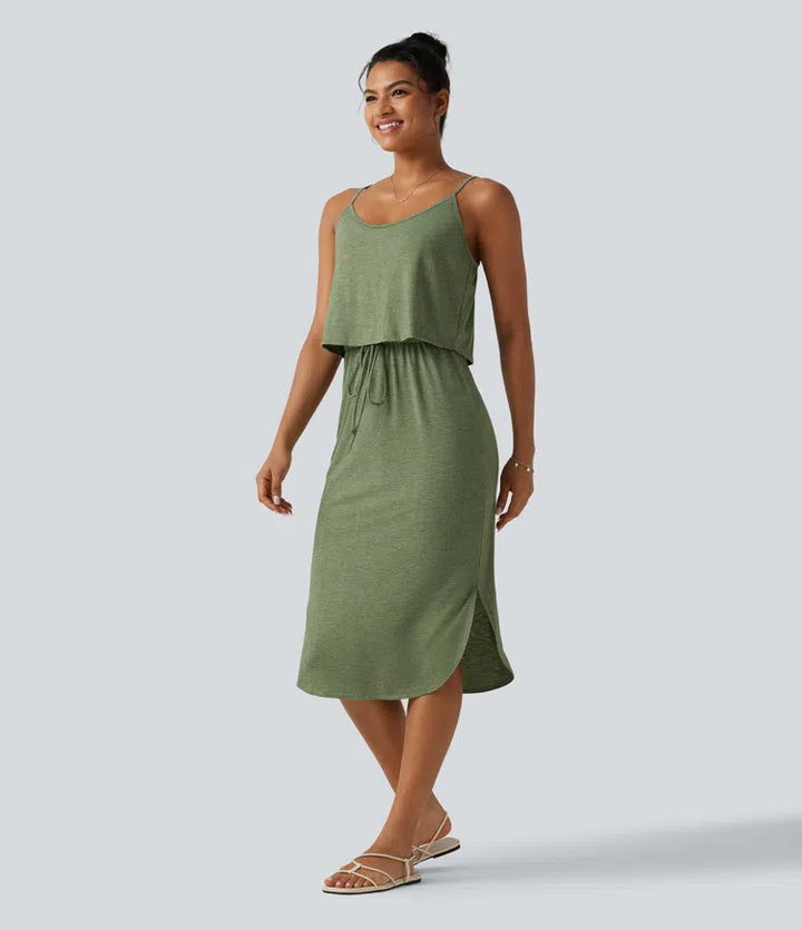 Drawstring Curved Split Hem Midi Casual Slip Dress
