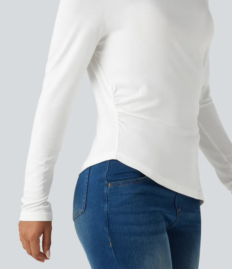 Ribbed One Shoulder Long Sleeve Asymmetric Hem Casual T-Shirt