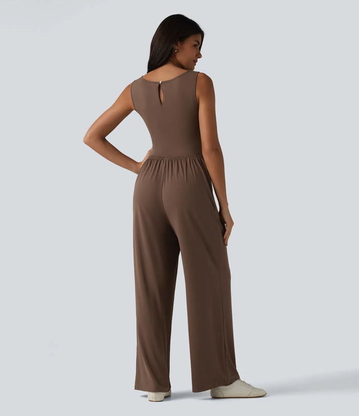 Boat Neck Sleeveless Ruched Wide Leg Casual Jumpsuit with Pockets-Easy Peezy Edition