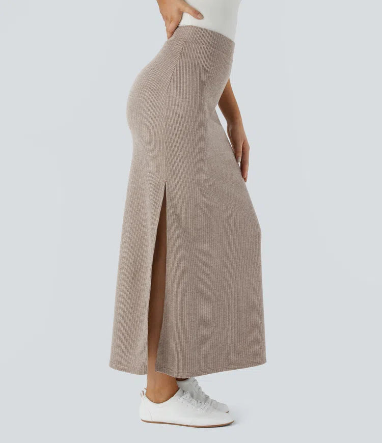 Ribbed High Waisted Hem A Line Maxi Casual Skirt