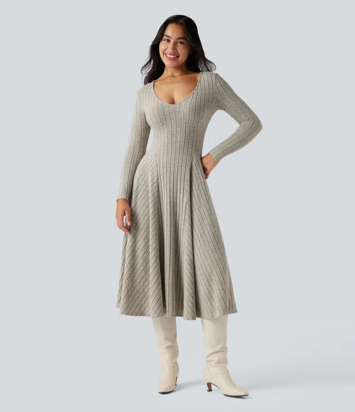 Ribbed Knit V Neck Long Sleeve Flare Midi Casual Dress