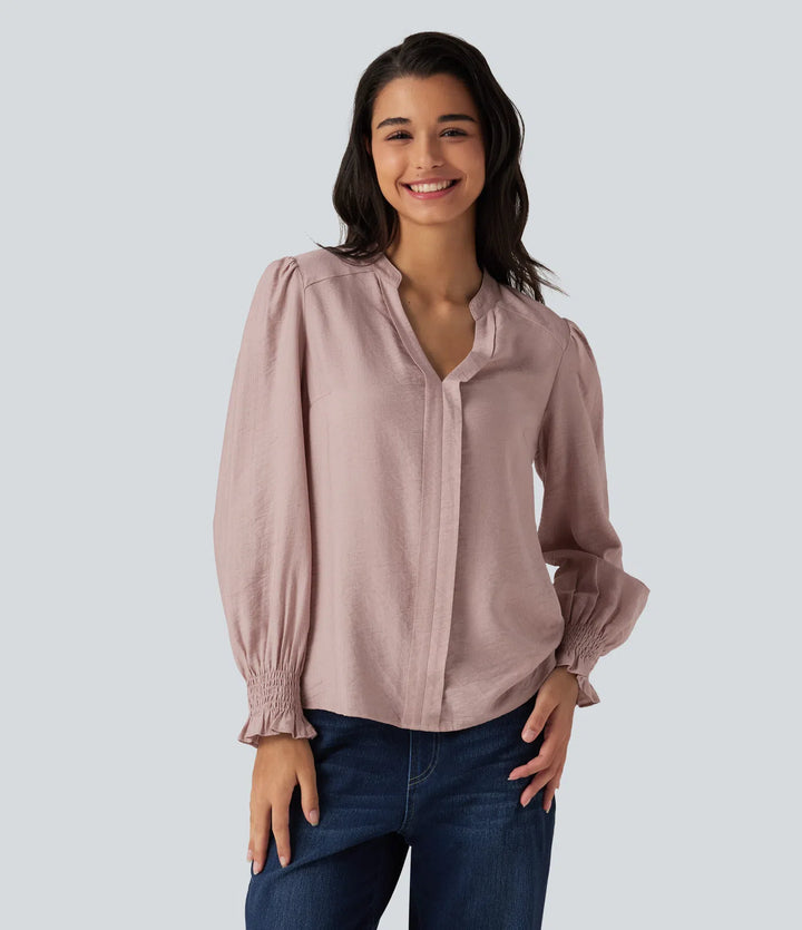 V Neck Puff Long Sleeve Casual Blouse