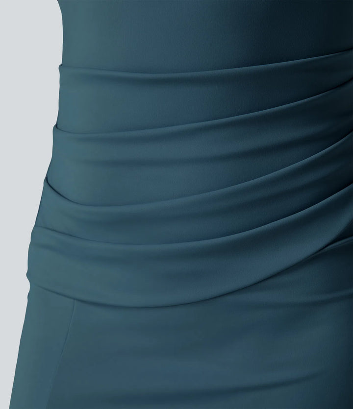 SoftlyZero Airy Square Neck Backless Corset Ruched Split Bodycon Midi InstantCool Bridesmaid and Wedding Guest Dress