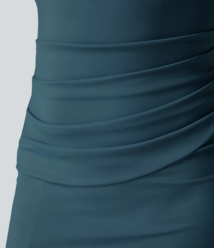 SoftlyZero Airy Square Neck Backless Corset Ruched Split Bodycon Midi InstantCool Bridesmaid and Wedding Guest Dress