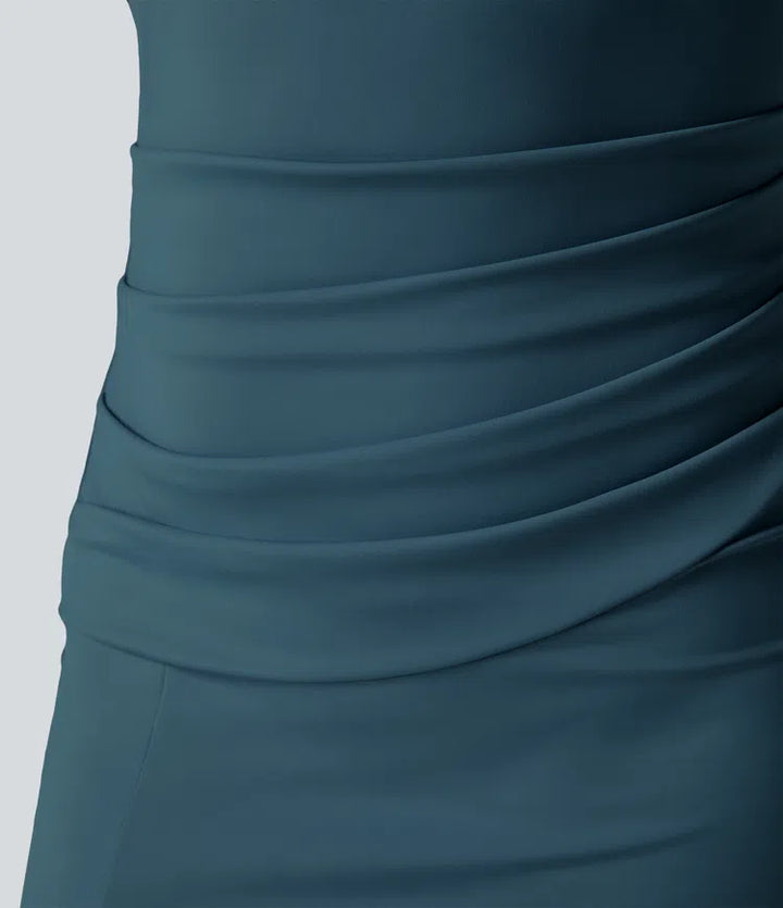 SoftlyZero Airy Square Neck Backless Corset Ruched Split Bodycon Midi InstantCool Bridesmaid and Wedding Guest Dress