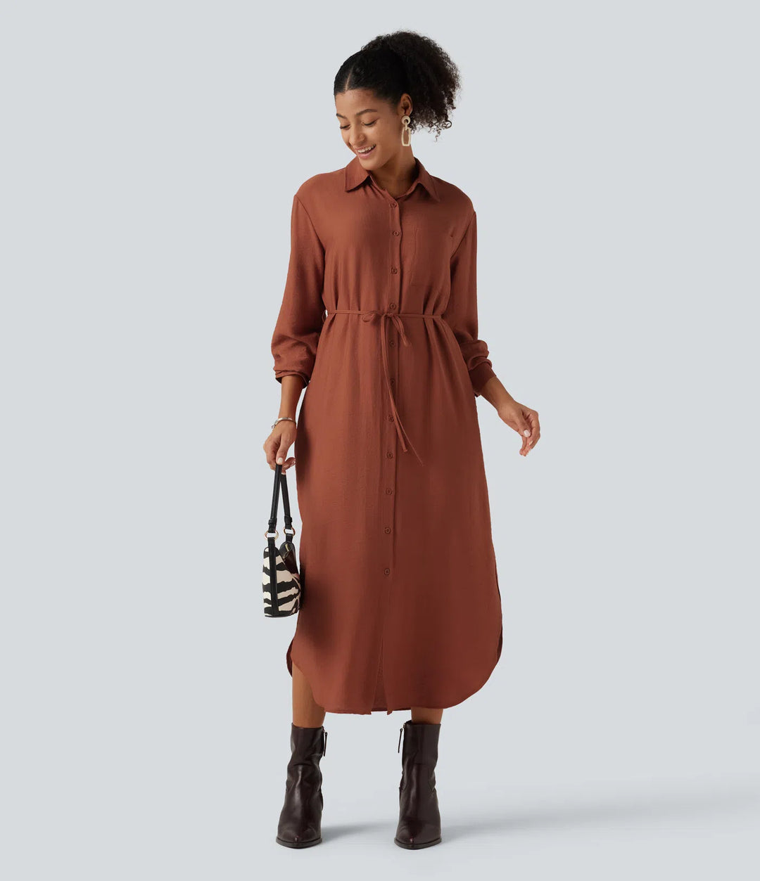 Collar Long Sleeve Belted Curved Split Hem Midi Casual Shirt Dress with Pockets