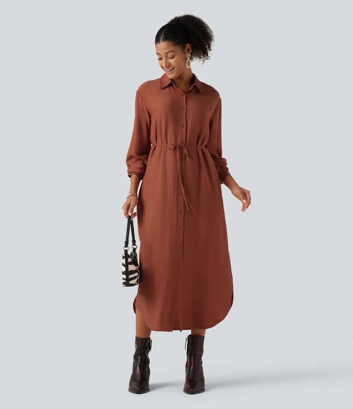 Collar Long Sleeve Belted Curved Split Hem Midi Casual Shirt Dress with Pockets