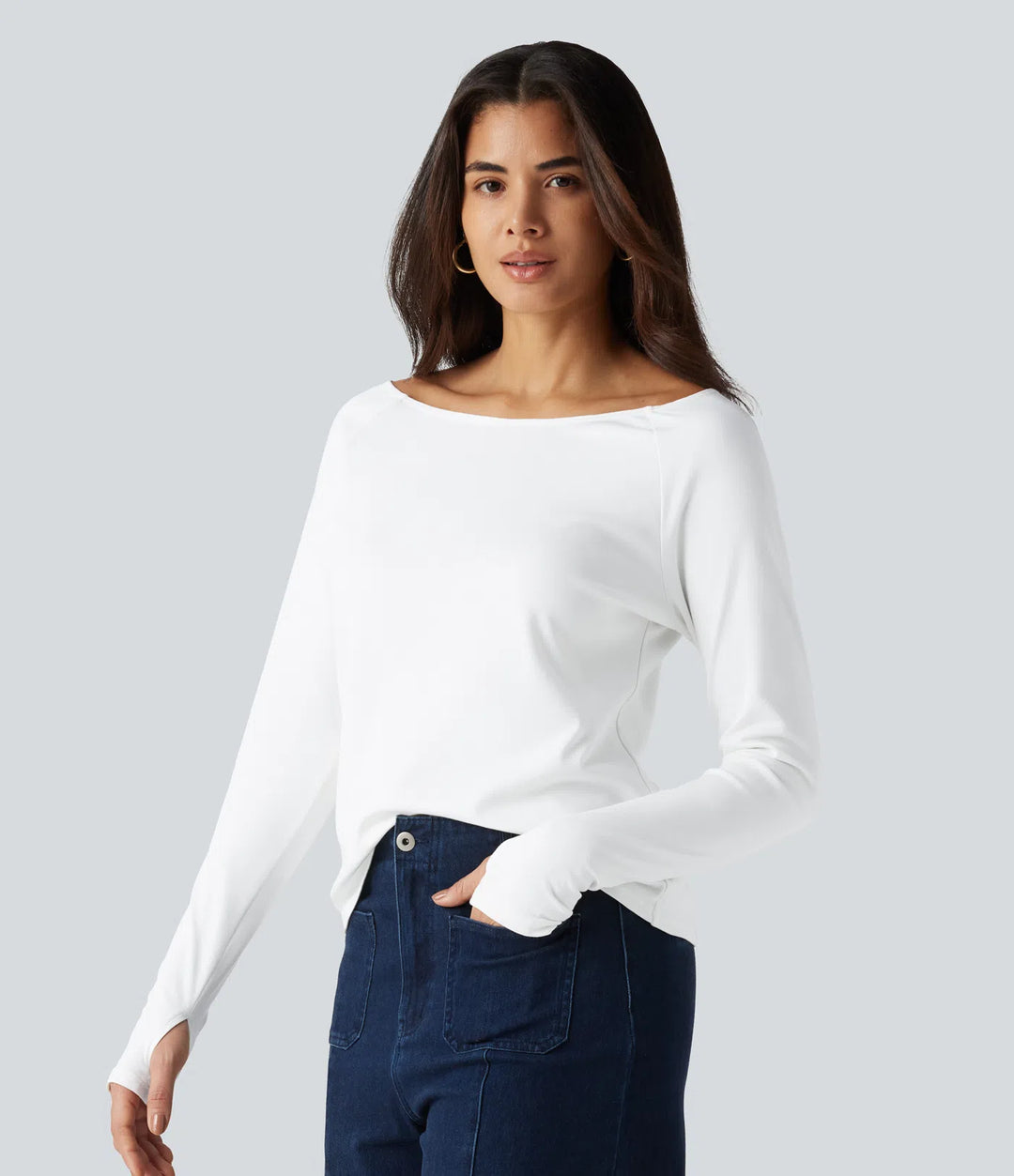 Boat Neck Long Sleeve Thumb Hole Casual Pima Cotton T-Shirt