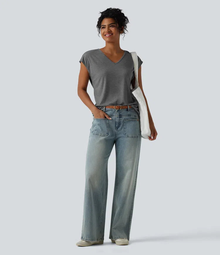 V Neck Short Sleeve Relaxed Heathered Casual T-Shirt