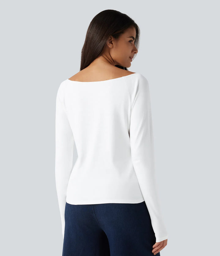 Boat Neck Long Sleeve Thumb Hole Casual Pima Cotton T-Shirt