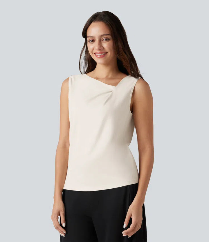 Asymmetric Cowl Neck Sleeveless Ruched Split Hem Work Top