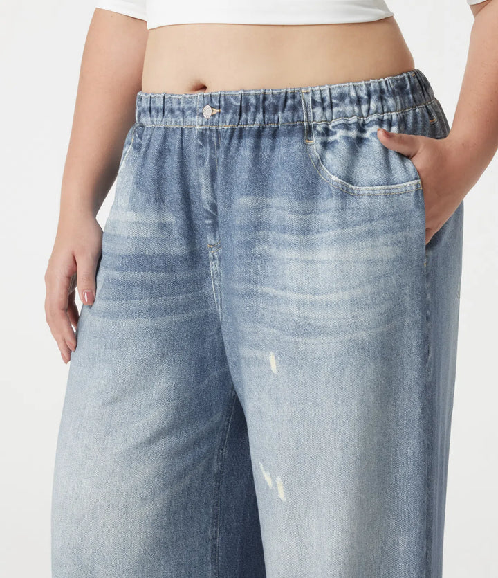 Plus Size Mid Rise Denim Print French Terry Casual Sweatpants Jeans with Pockets