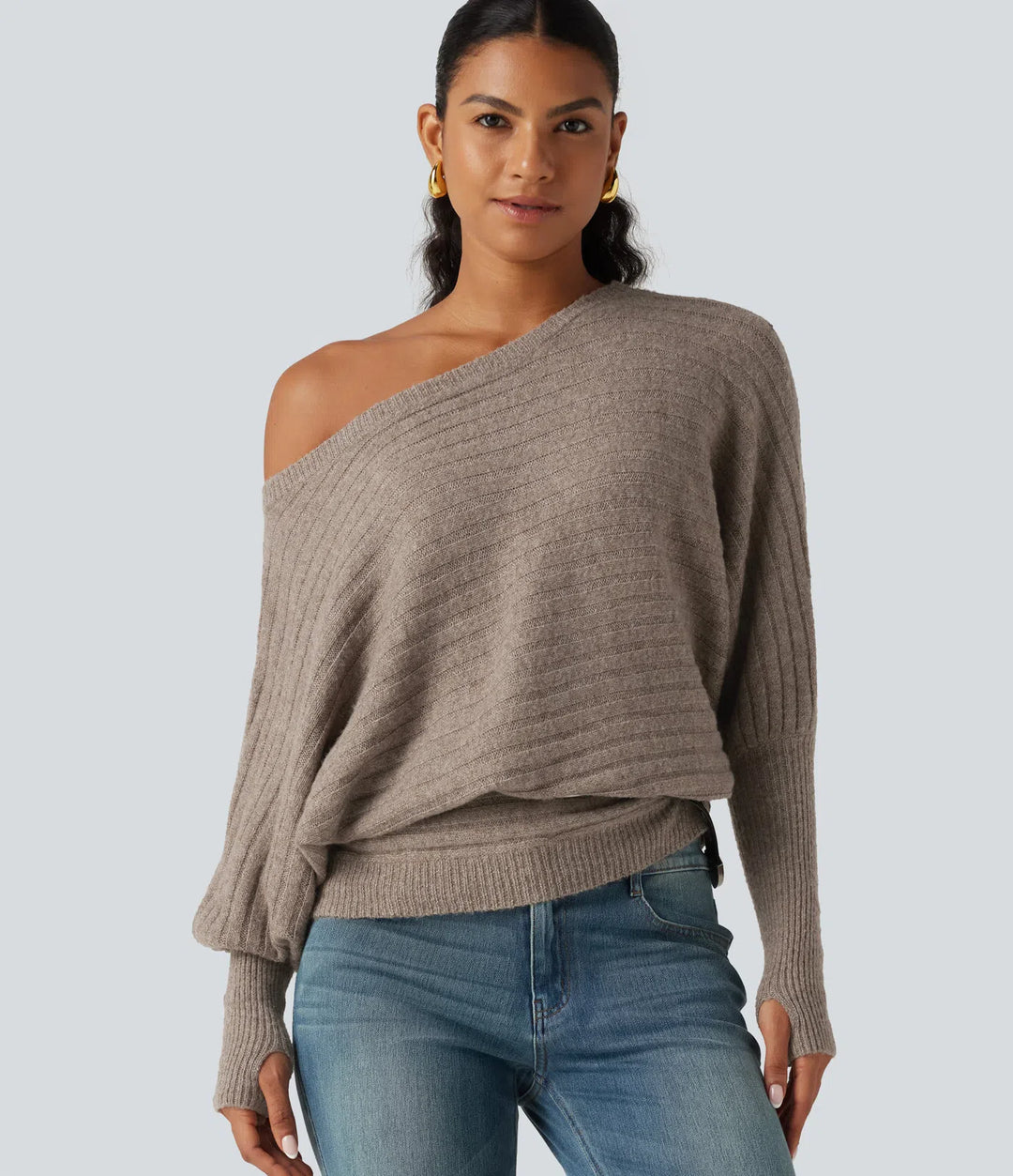 Boat Neck Batwing Long Sleeve Thumb Hole Casual Wool-Blend Sweater