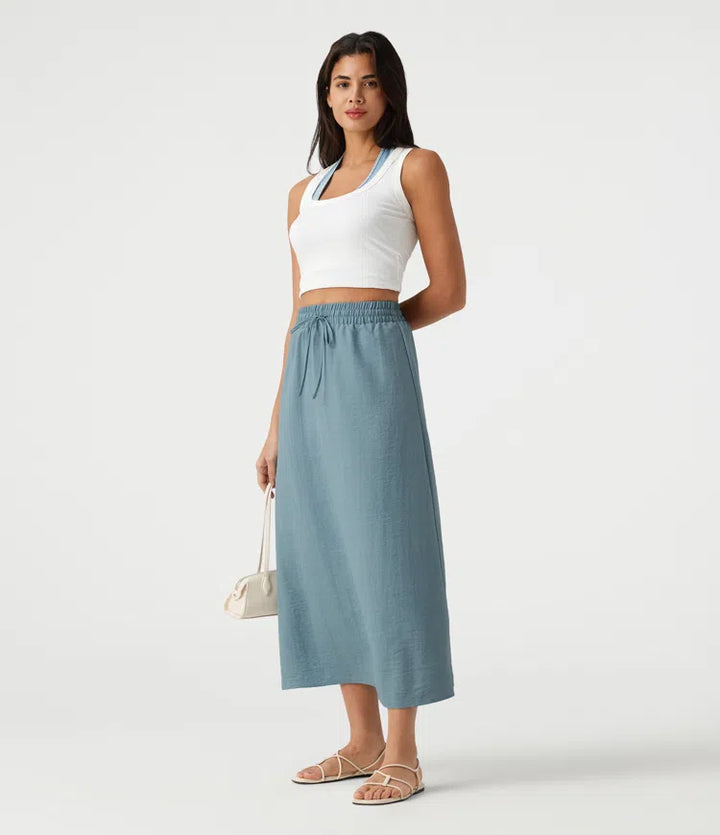 High Waisted Drawstring Maxi Linen-Feel Casual Skirt