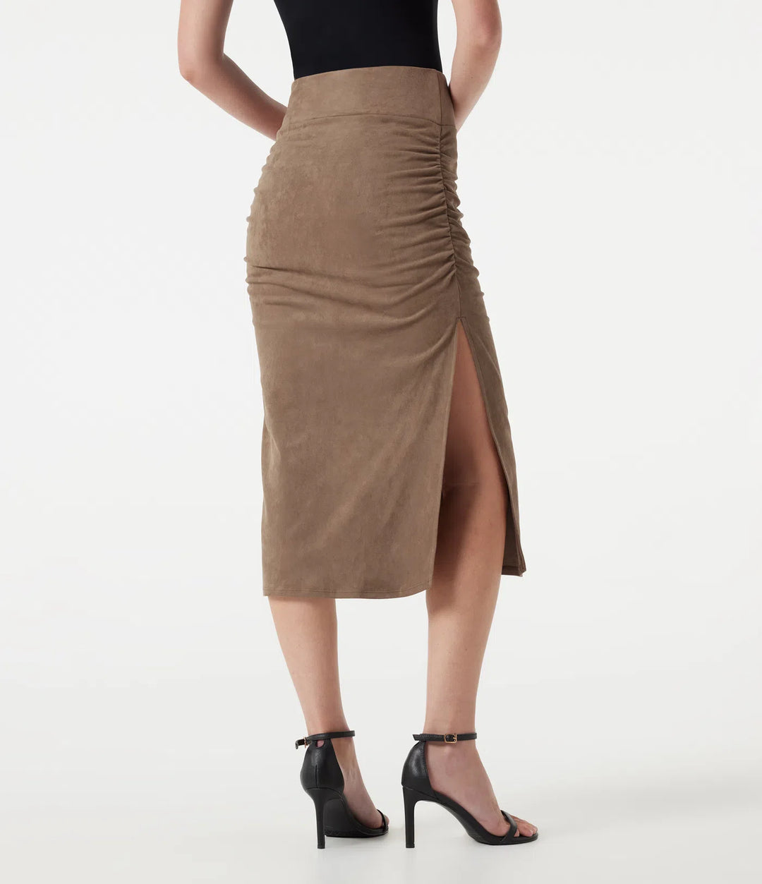 High Waisted Tummy Control Ruched Bodycon 2-in-1 Suede Midi Skirt