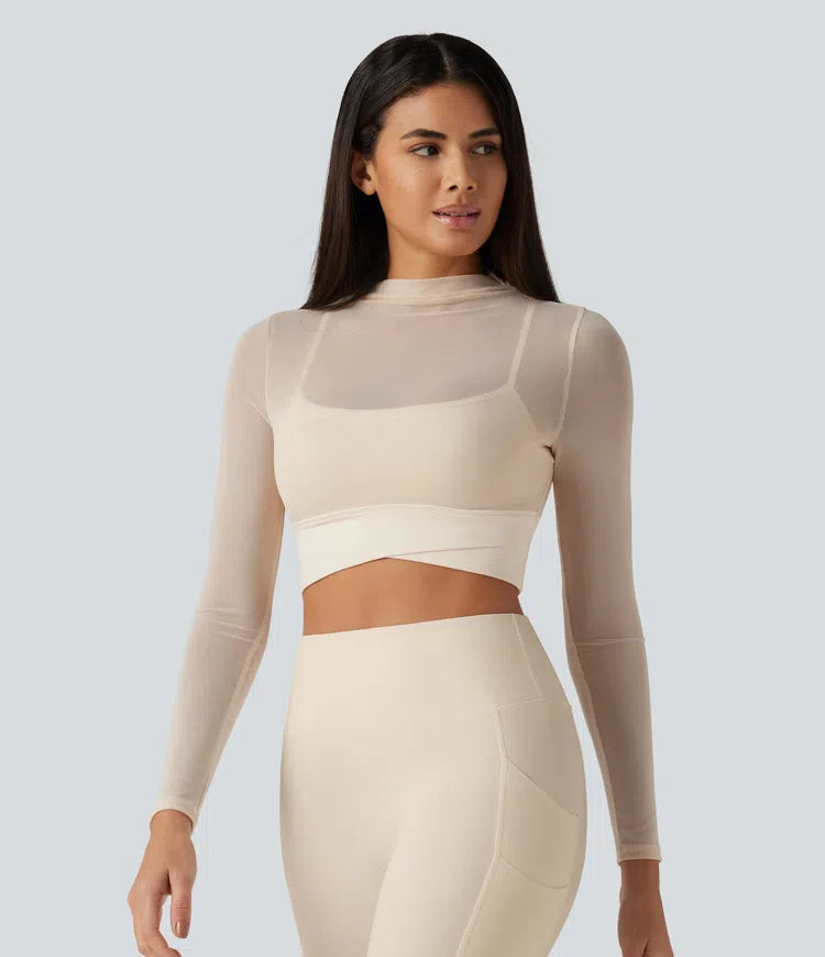 Mock Neck Long Sleeve Non-Removable Pad Mesh Cropped Yoga Sports Top