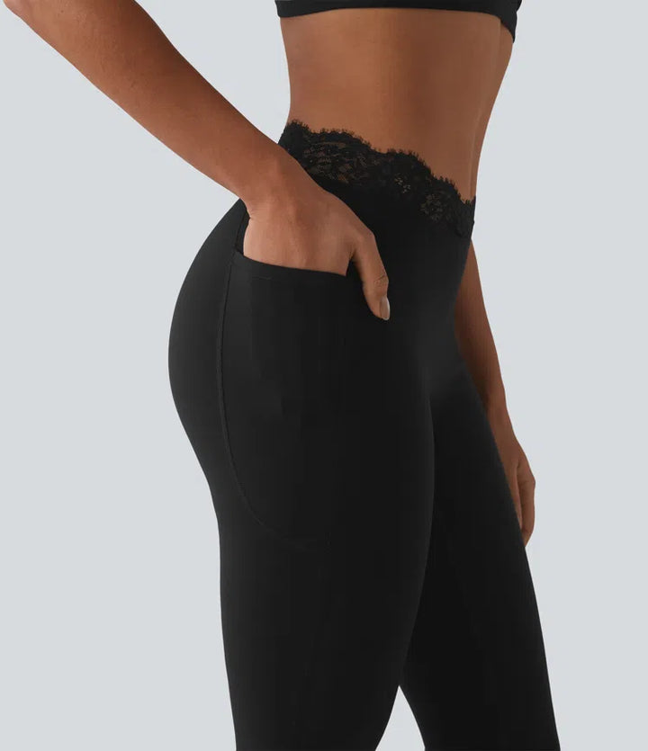 Halara UltraSculpt V-Shaped High Waisted Contrast Lace Yoga Flare Leggings with Pockets