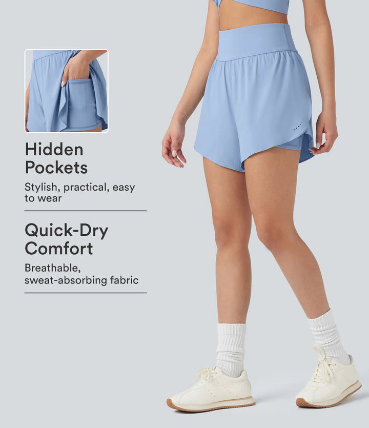 SoftlyZero QuickDry High Waisted Tummy Control Reflective Dots Crossover Hem 2-in-1 Running Shorts 5&