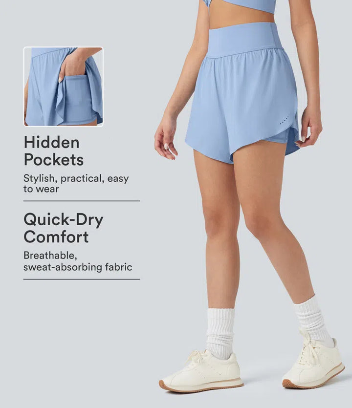 SoftlyZero QuickDry High Waisted Tummy Control Reflective Dots Crossover Hem 2-in-1 Running Shorts 5&