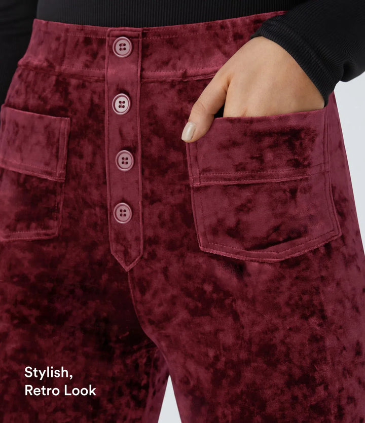 High Waisted Pockets Straight Leg Velvet Casual Pants