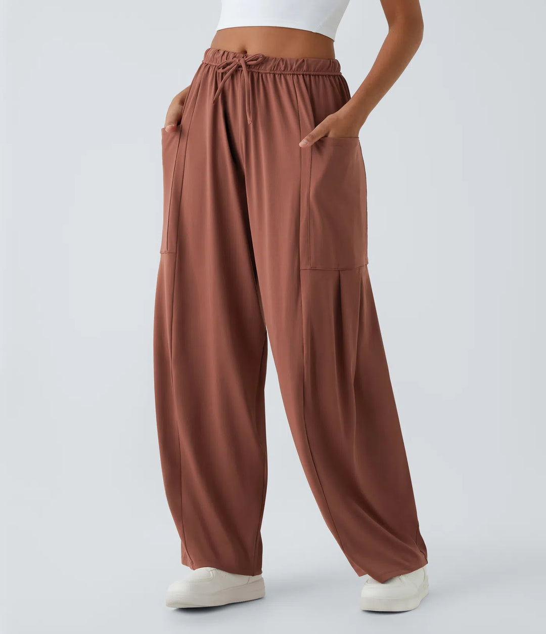 Mid Rise Elastic Waistband Drawstring Pocket Palazzo Flowy Wide Leg Baggy Casual Pants