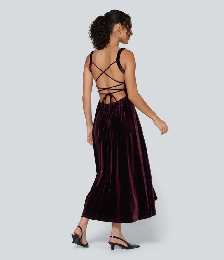 Square Neck Lace Up Ruched Built-in Bra Corset Velvet Midi Casual Milkmaid Dress