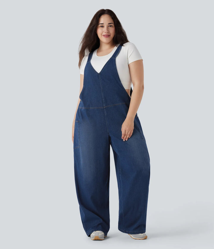 Halara Flex V Neck Washed Denim Casual Plus Size Overalls with Pockets