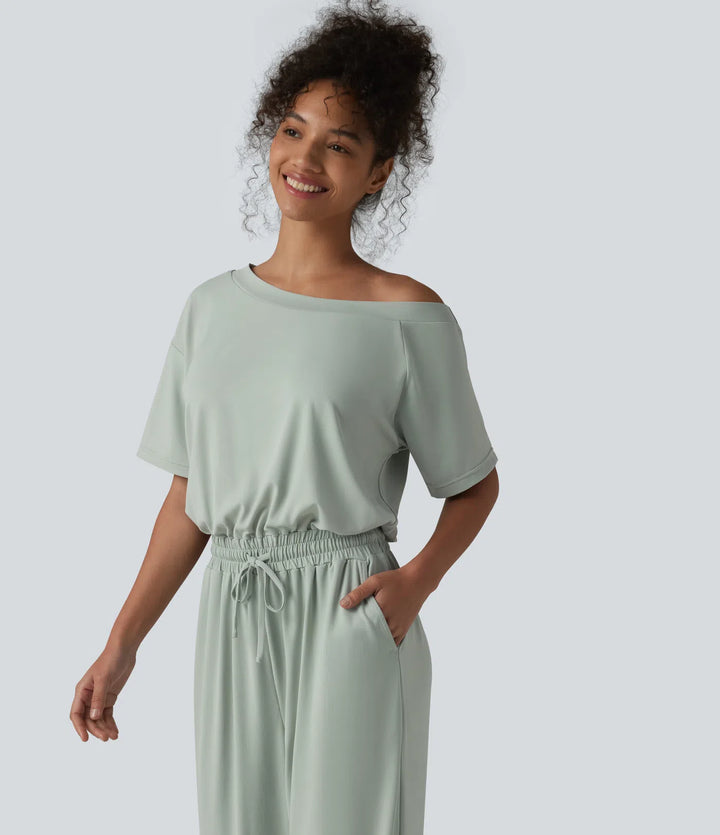 Boat Neck Short Sleeve Drawstring Baggy Casual Jumpsuit with Pockets-Easy Peezy Edition
