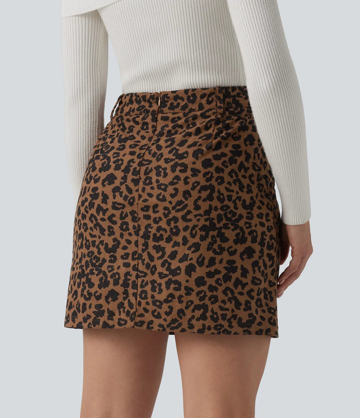 High Waisted 2-in-1 Leopard Print Mini Casual Skirt with Pocket-Longer Length