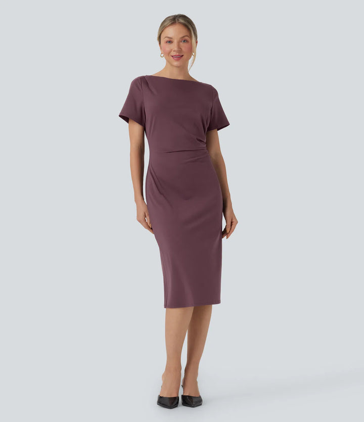 Short Sleeve Ruched Bodycon Midi Work Dress
