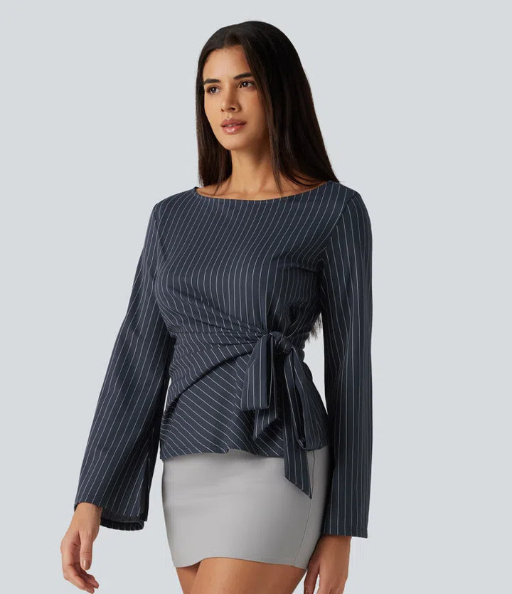 Boat Neck Flounce Long Sleeve Tie Side Ruched Stripe Work Blouse