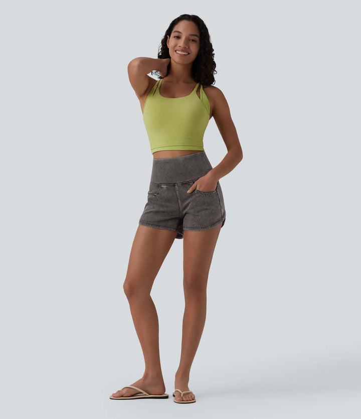 Halara Flex High Waisted Tummy Control Curved Hem Skinny Denim Casual Shorts with Pockets