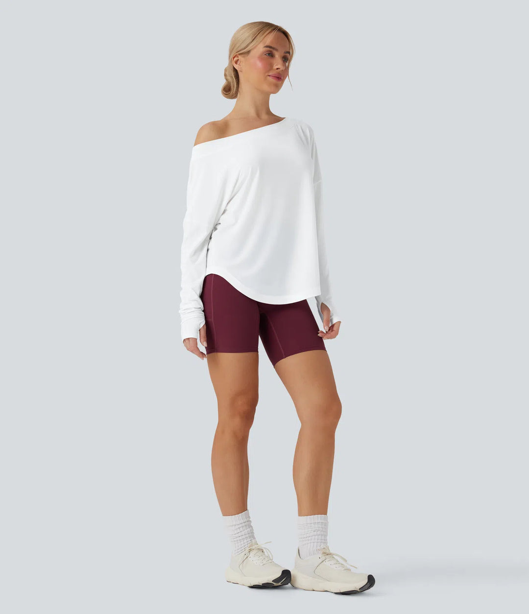 One Shoulder Long Sleeve Thumb Hole Curved Hem High Low Quick Dry Yoga Sports Top