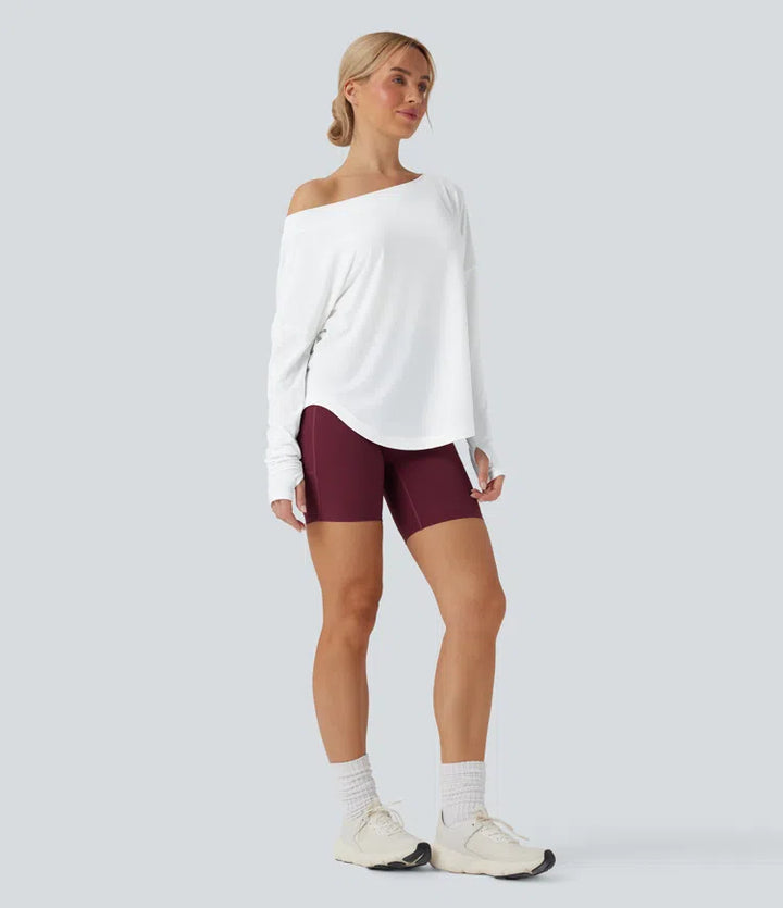 One Shoulder Long Sleeve Thumb Hole Curved Hem High Low Quick Dry Yoga Sports Top