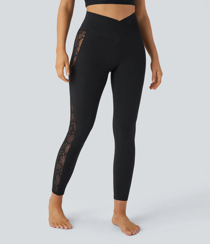 SoftlyZero High Waisted Crossover Contrast Lace Pocket Yoga Leggings