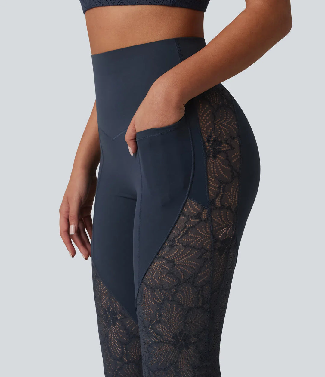 Halara UltraSculpt High Waisted Tummy Control Contrast Lace Yoga Flare Leggings with Pockets