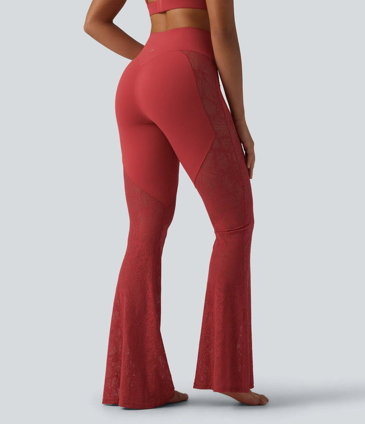 Halara UltraSculpt High Waisted Tummy Control Contrast Lace Yoga Flare Leggings with Pocket
