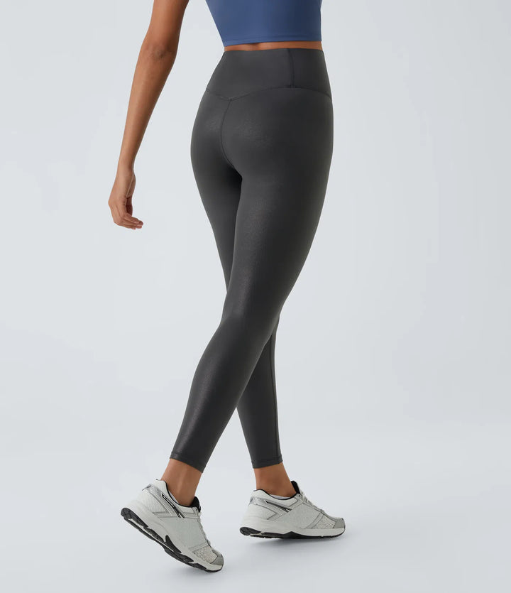SoftlyZero Faux Leather Crossover Pocket Foil Print Stretchy Casual Leggings