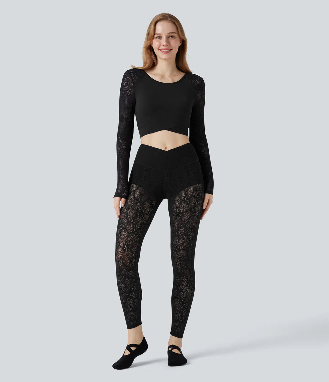 SoftlyZero Contrast Lace Crossover Hem Long Sleeve Cropped Yoga Sports Top